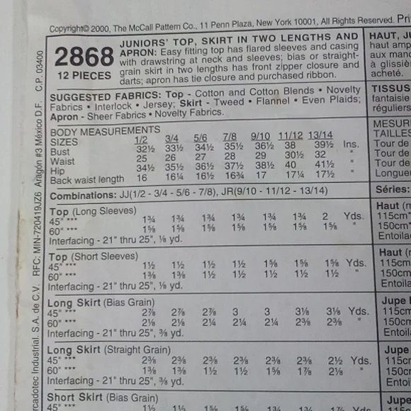 2/$15 Y2K McCalls 2868 NY NY Junior Sewing Pattern 023795286824 ©2000 - Picture 4 of 6